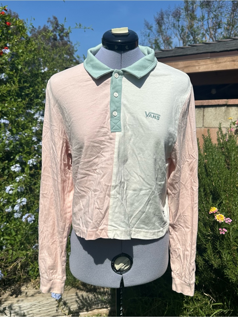 Vans Split Colorblock Size Medium Mint Green and Blush Pink Long Sleeve Polo